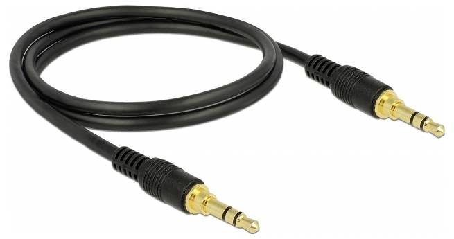 Černý audio kabel se zlatými 3,5mm jack konektory na obou koncích. Vhodný pro připojení audioařízení.