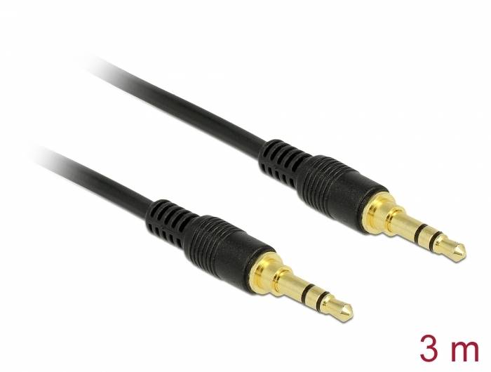 Kabel se dvěma 3,5mm jack konektory se zlatými kontakty, délka 3 metry, určený pro audio připojení.