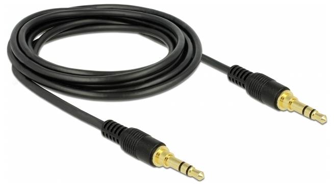 Černý audiokabel se dvěma zlatými 3,5mm jacky na koncích, vhodný pro propojení audioinstalací.