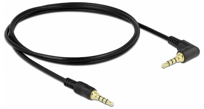 Černý audio kabel se dvěma pozlacenými 3,5mm jack konektory, jeden přímý, druhý zahnutý v úhlu 90 stupňů.