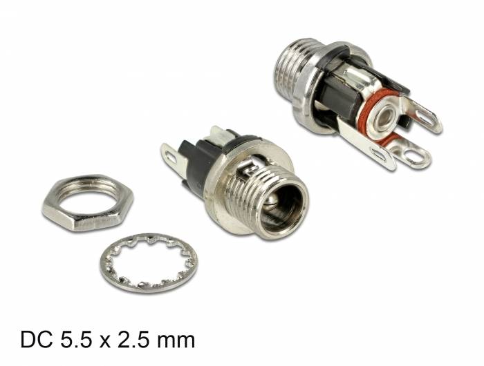 Dva DC konektory (5,5 x 2,5 mm) s maticemi a podložkami pro elektrické připojení.