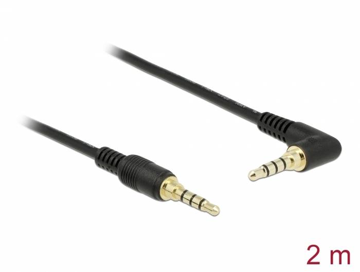 Černý audio kabel s 3,5mm jack konektory, jeden přímý a jeden pravoúhlý, dlouhý 2 metry.