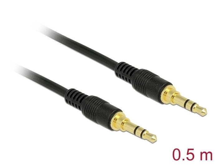 Dva černé audiokapely se zlatými 3,5mm konektory, každý dlouhý 0,5 metru.