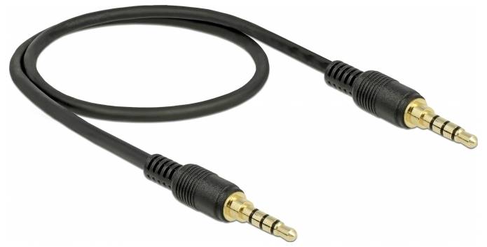 Černý audio kabel se dvěma zlatými 3,5mm jack konektory na obou koncích, používaný pro audiokonekce.