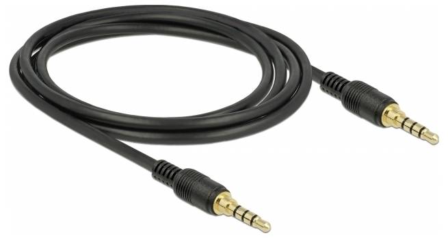 Černý audio kabel se dvěma 3,5mm jack konektory, vhodný pro připojení audio zařízení jako jsou sluchátka nebo reproduktory.