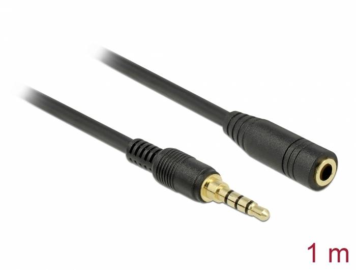 Černý audio kabel s 3,5mm jackem a zásuvkou, délka 1 metr, na bílém pozadí.