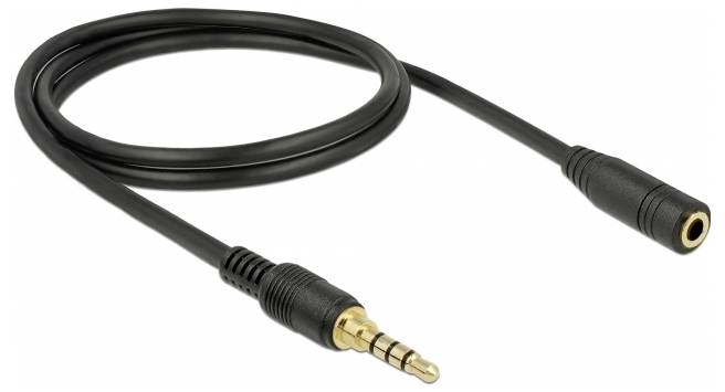 Černý audio kabel s 3,5mm TRRS konektorem a zdířkou, vhodný pro prodloužení audia nebo propojení zařízení.