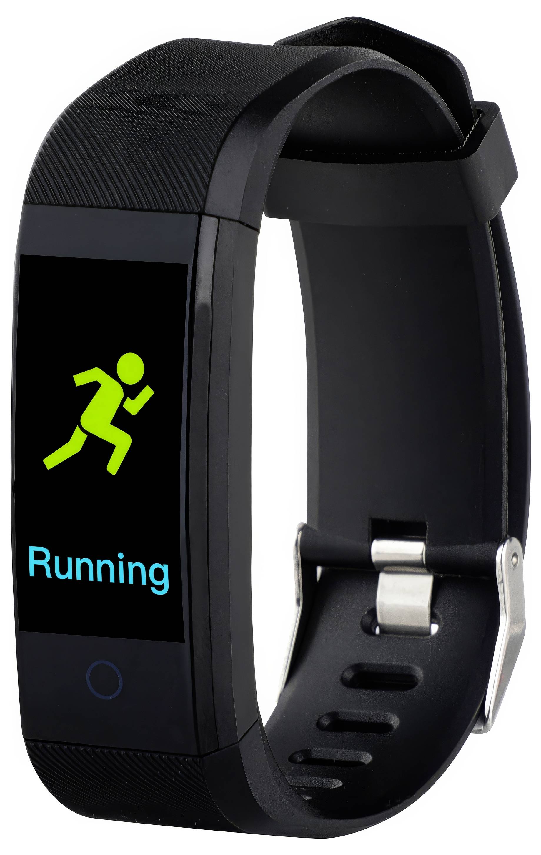 Černošedé fitness hodinky s displejem zobrazujícím běžeckou figurku a nápis 'Running'.