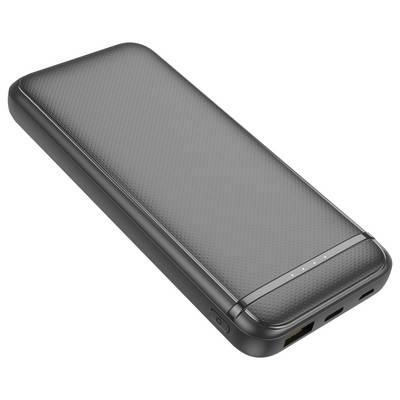 Černá powerbanka s zakřiveným designem, tři LED indikátory na horní straně. Obsahuje USB port a USB-C port po straně.