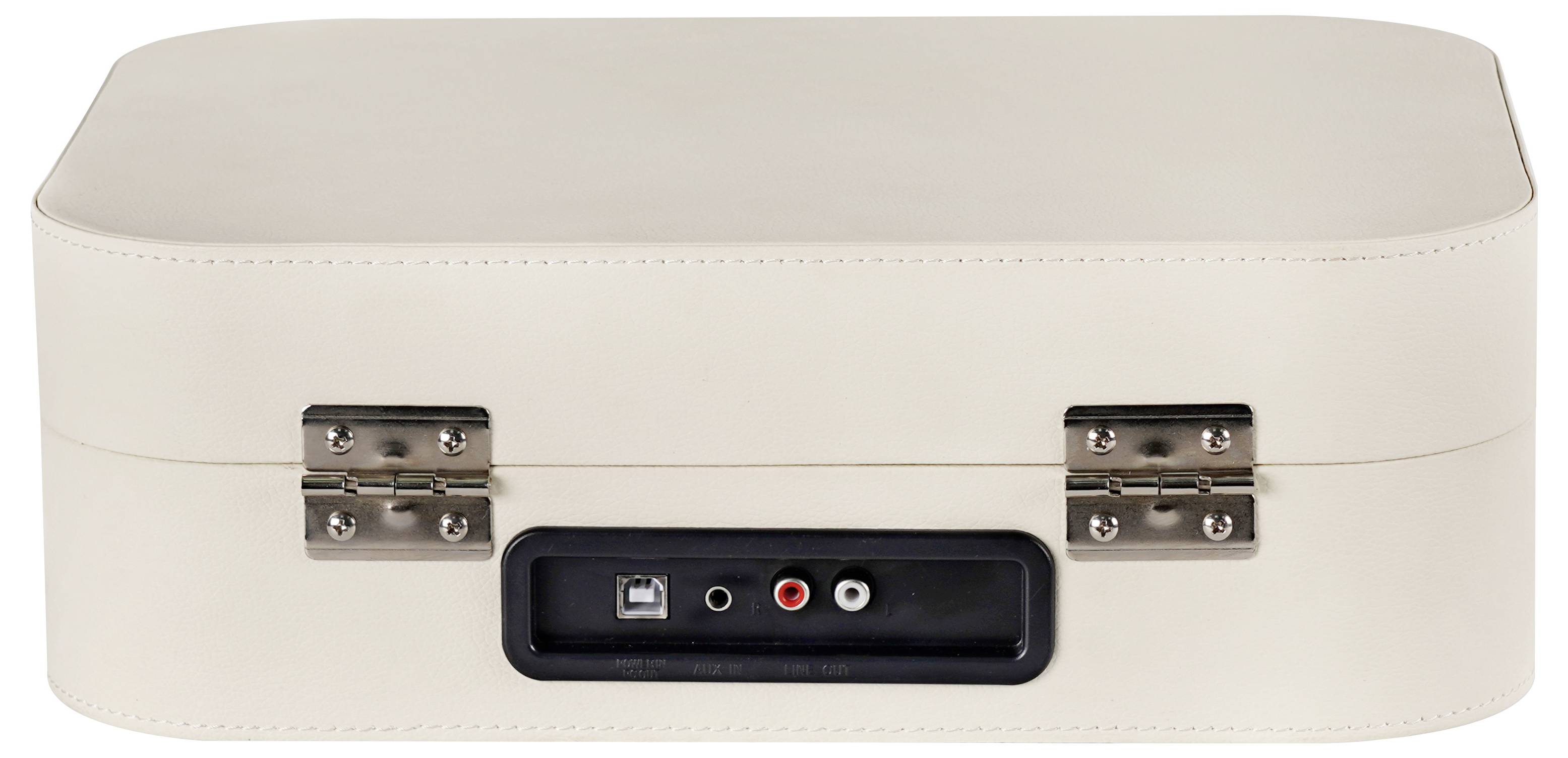 Bílý kufřík se dvěma kovovými panty a přípojkami na přední straně.