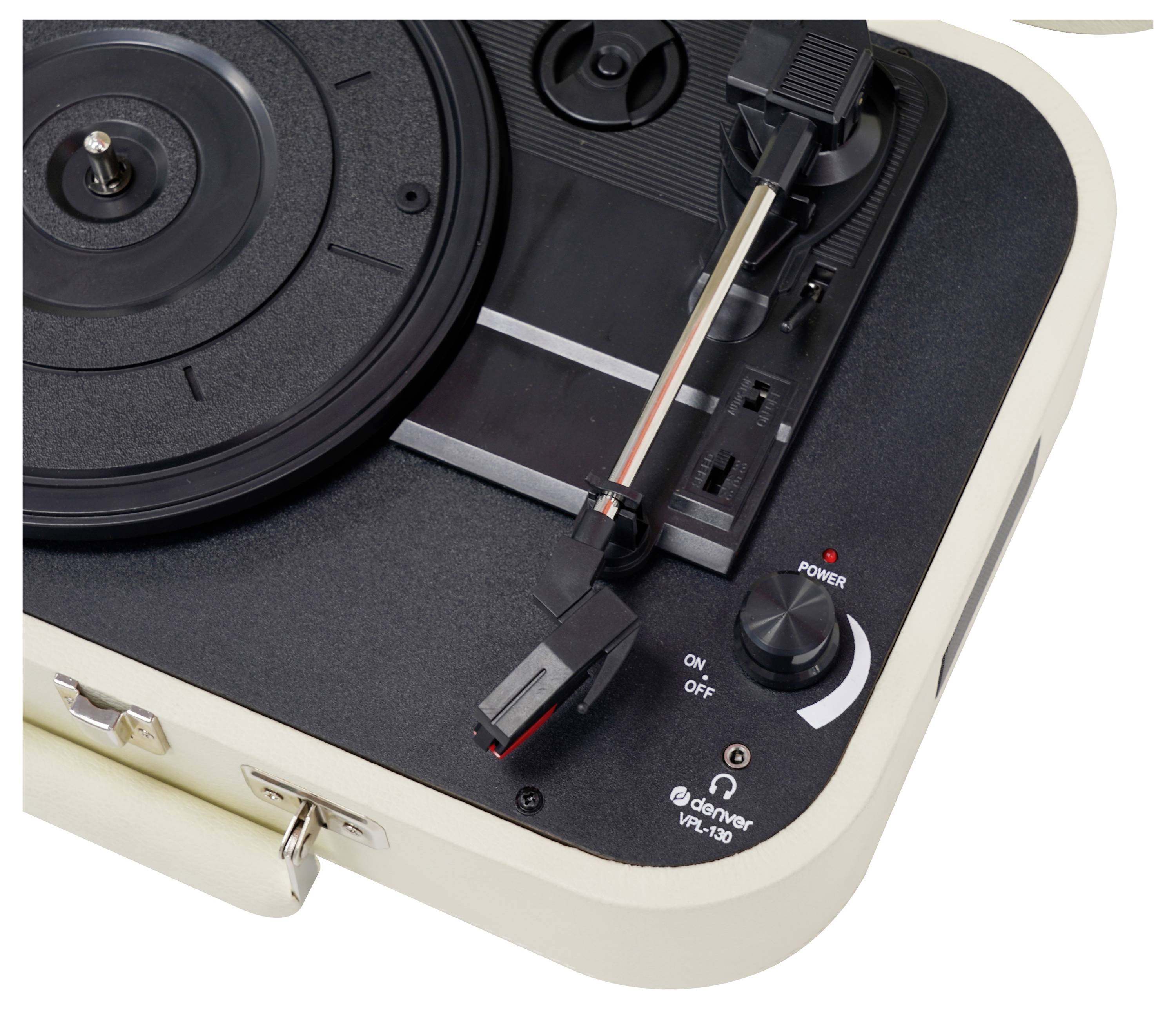 Gramofon s ramenem a ovládacími prvky, včetně regulátoru hlasitosti a vypínače.