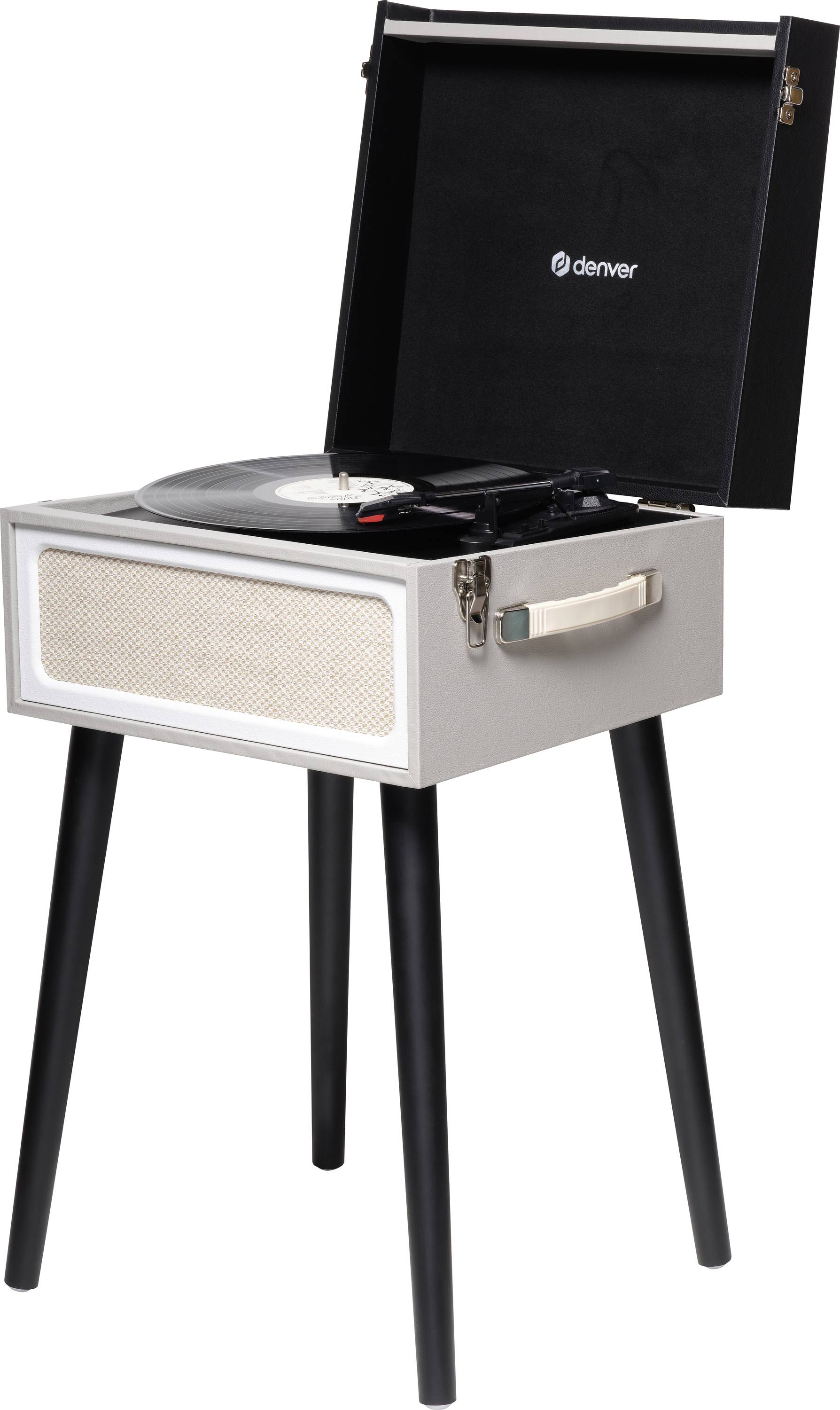 Gramofon v retro designu s otevřeným krytem a černou vinylovou deskou umístěný na čtvercové skříňce se čtyřmi černýma nohama.