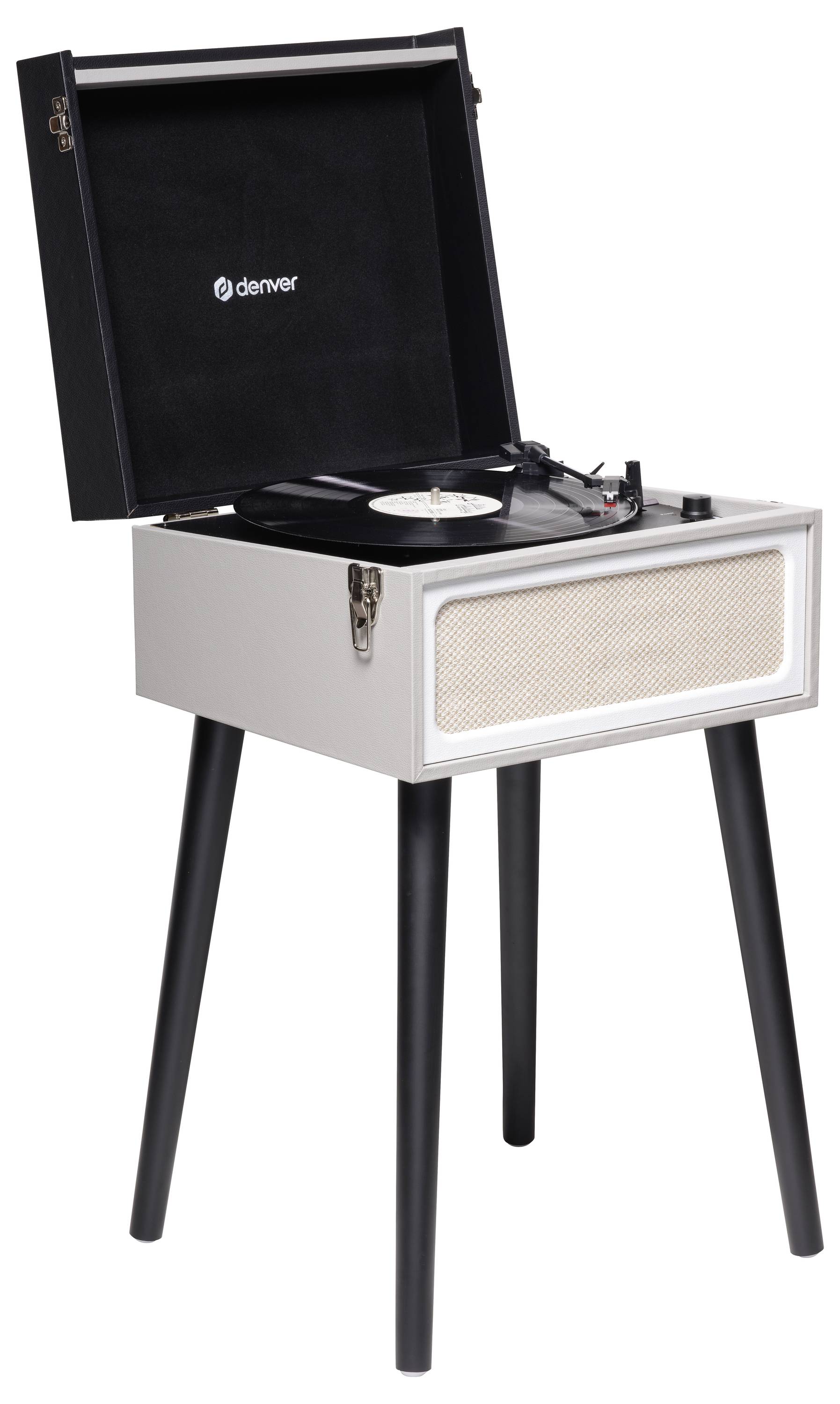 Nostalgický gramofon na nožkách přehrává gramofonovou desku. Má bílé tělo s černým víkem a reproduktory.