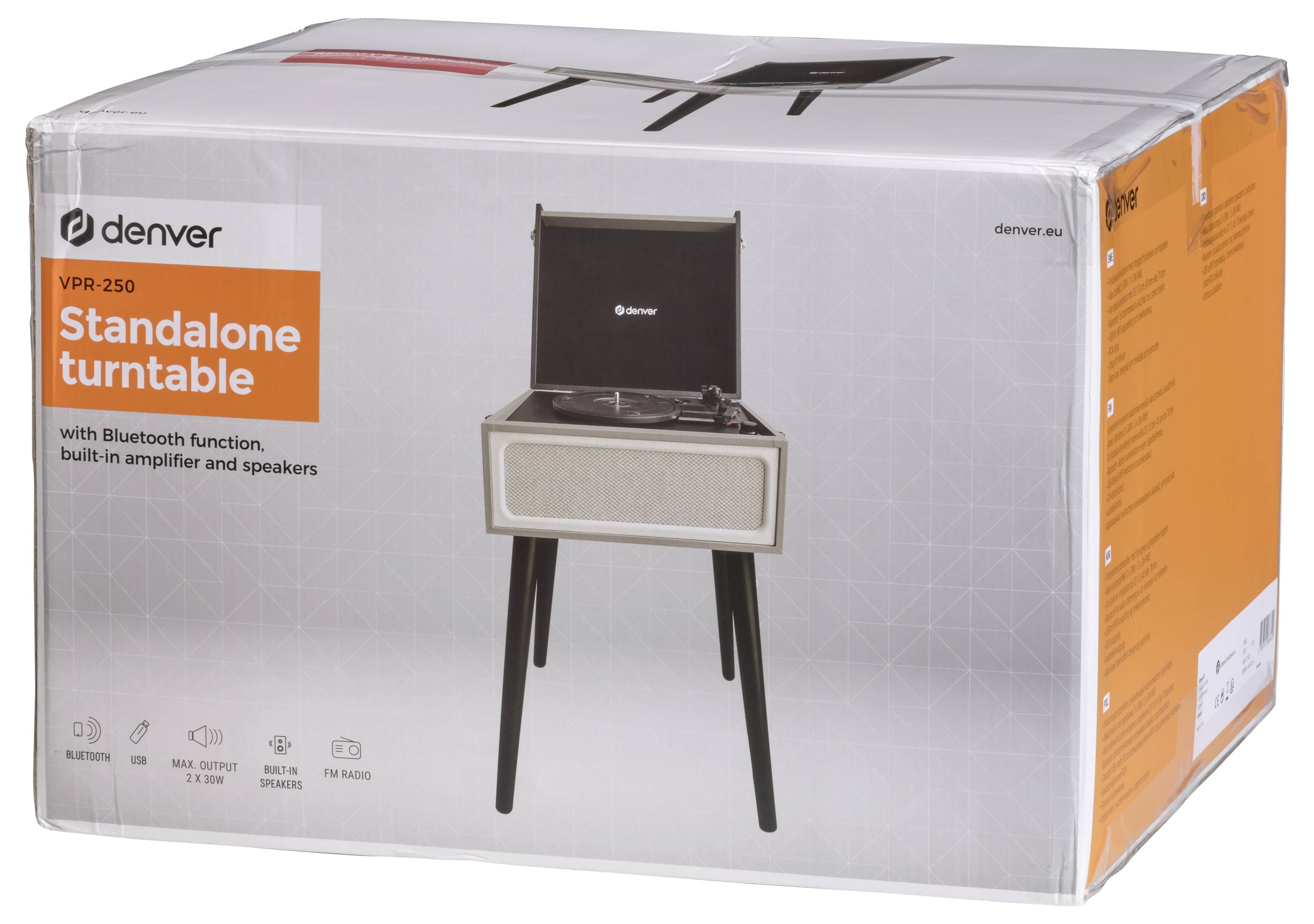 Gramofon 'Denver VPR-250' v obalu, samostatně stojící s Bluetooth, integrovaným zesilovačem a reproduktory, barva: bílá.