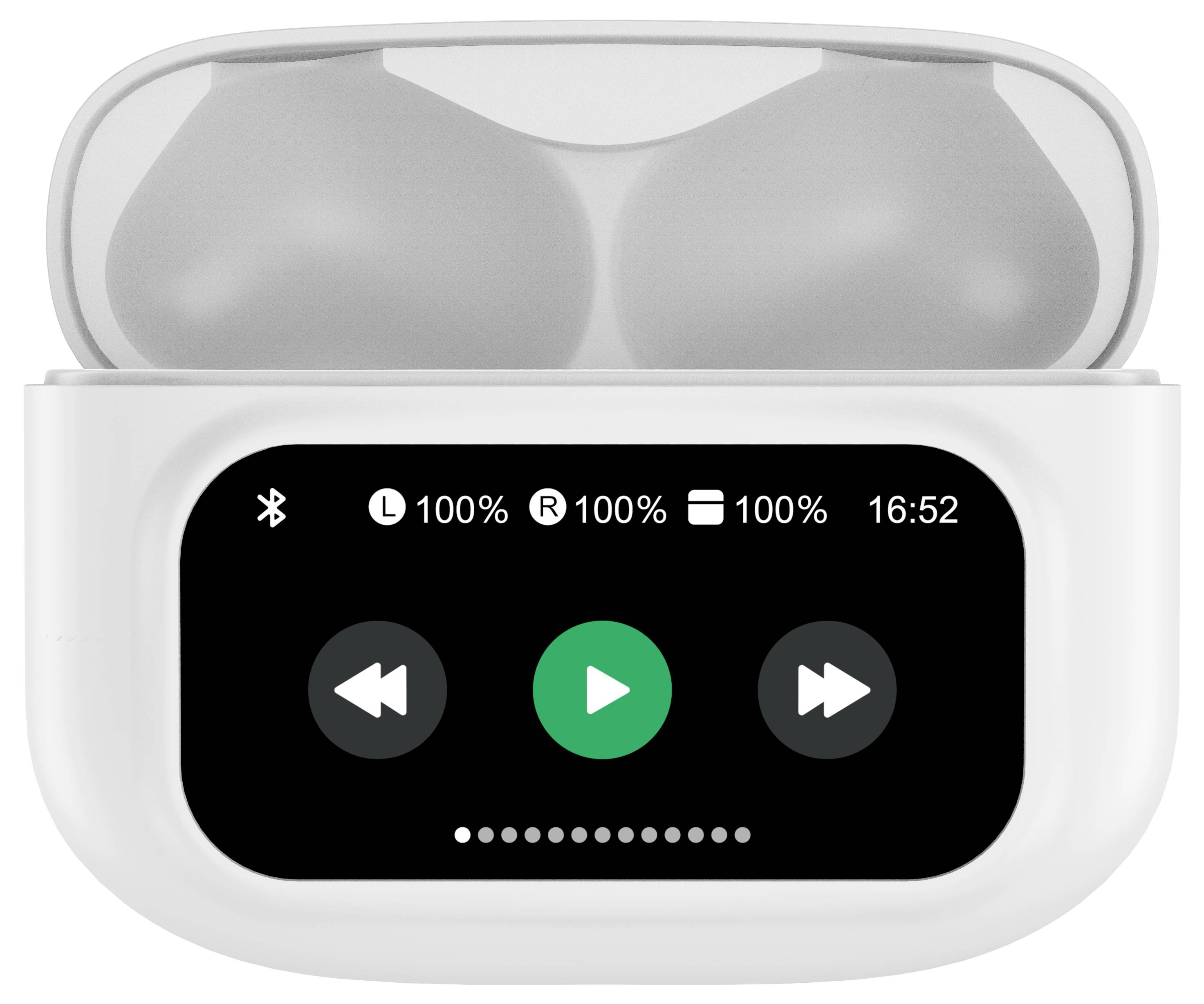Bílé bezdrátové špunty ve výsuvném pouzdře s displejem; zobrazuje 'Bluetooth', stav baterie vlevo a vpravo (100%), čas 16:52 a ovládací tlačítka přehrávání.