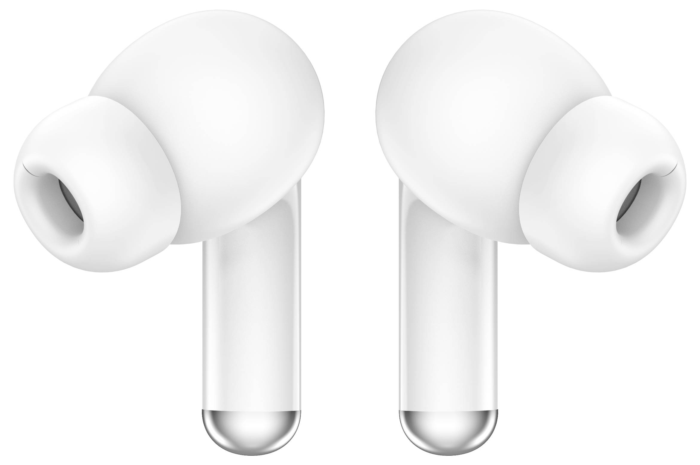 Bílé bezdrátové sluchátky s měkkými silikonovými nástavci, podobné moderním in-ear sluchátkům, izolují okolní hluk.