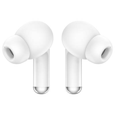 Bílé bezdrátové sluchátky s měkkými silikonovými nástavci, podobné moderním in-ear sluchátkům, izolují okolní hluk.