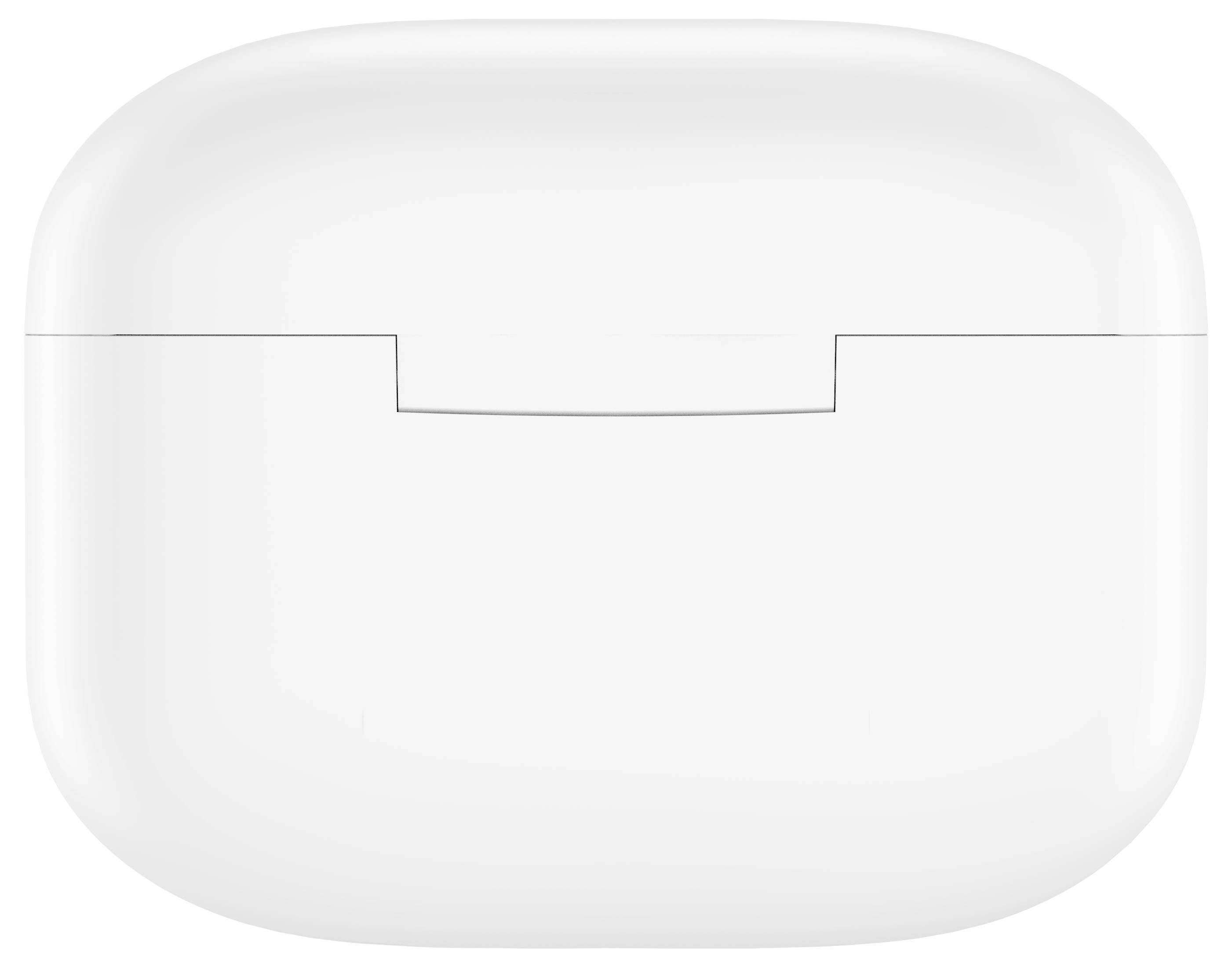 Bílá nabíjecí stanice pro bezdrátová sluchátka do uší, obdélníkového tvaru se zaoblenými rohy.