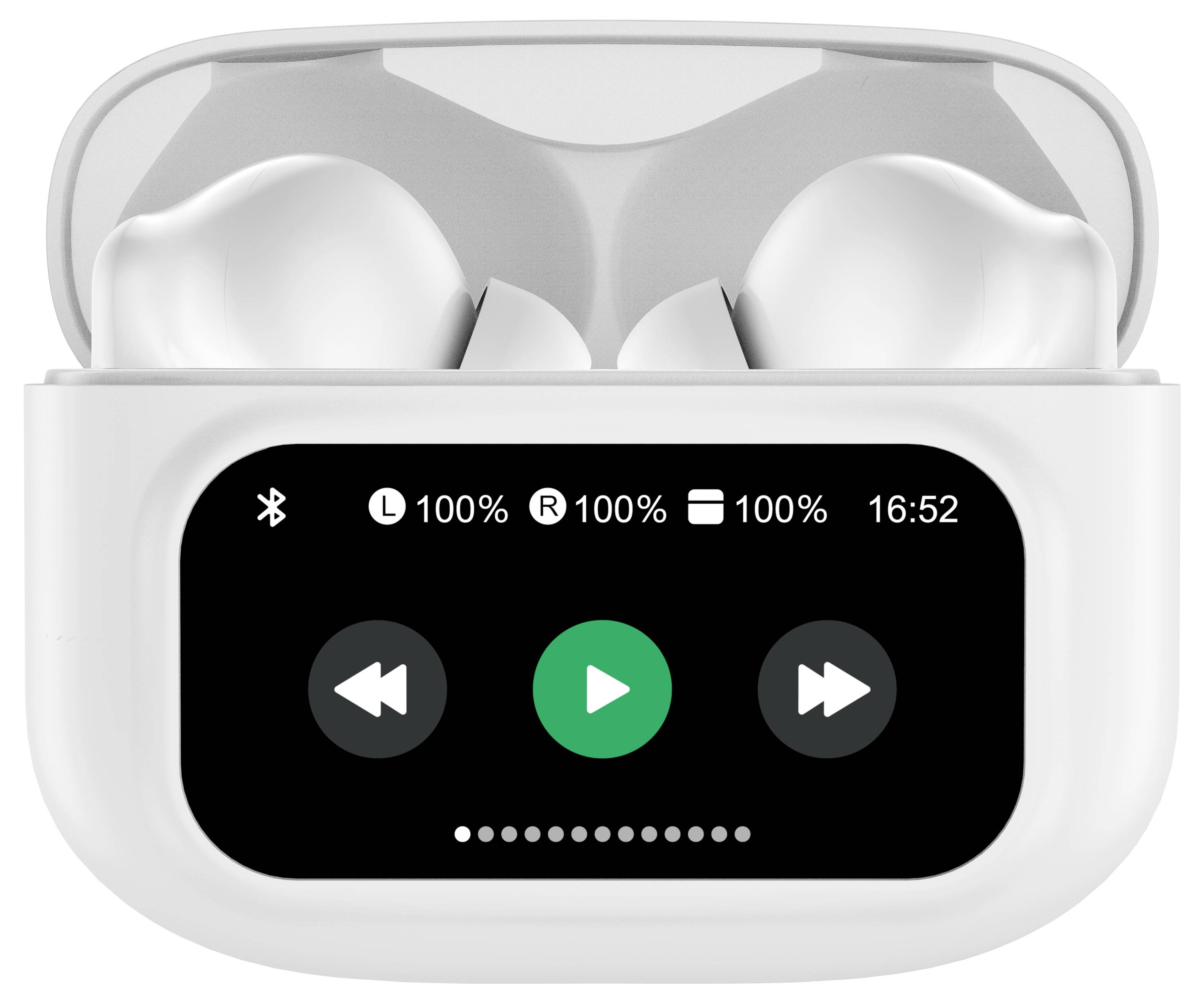 Bílé bezdrátové sluchátky v nabíjecím pouzdře s displejem zobrazujícím stav baterie a indikátor přehrávání.