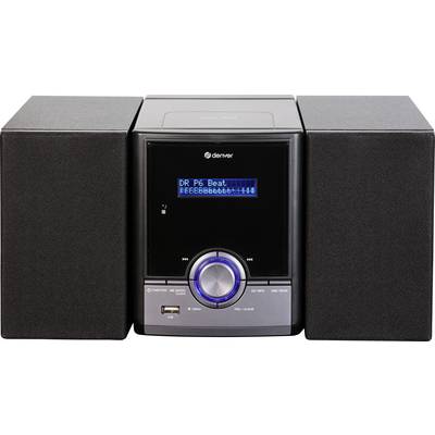 Kompaktní Hi-Fi systém se dvěma reproduktory, centrálním displejem a ovládacími tlačítky; na displeji je zobrazena značka 'Denver'.