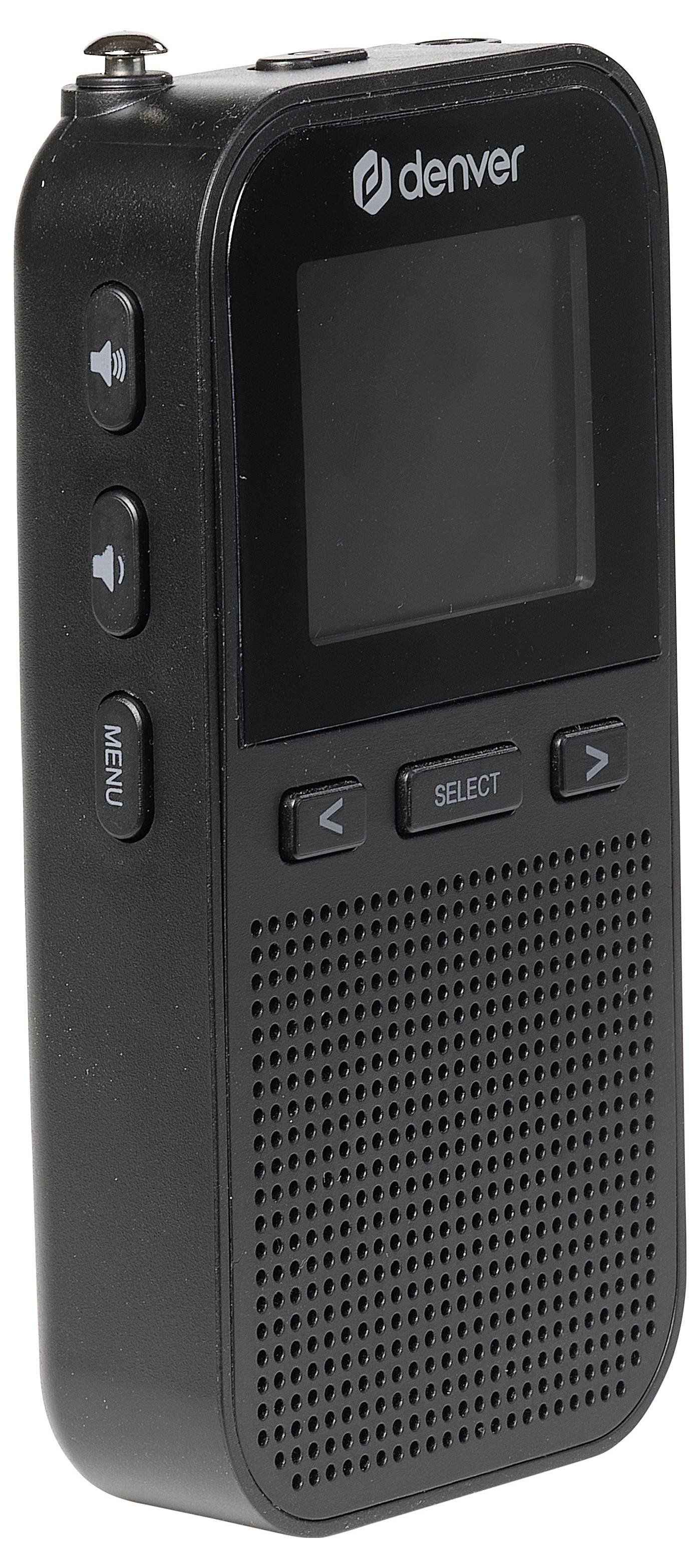 Přenosné černé digitální rádio s displejem a ovládacími prvky po straně.