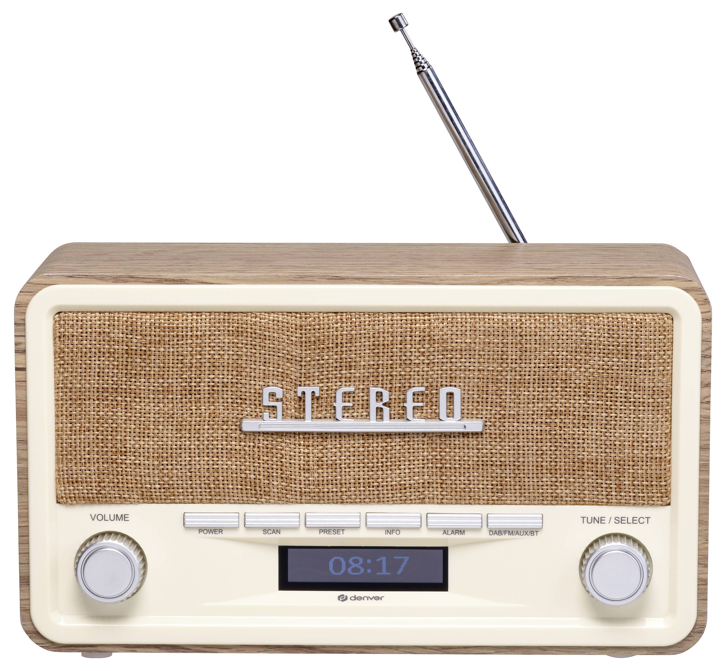 Retro rádio se dřevěnou skříňkou, drátovou anténou nahoře, nápisem 'Stereo' vpředu, dvěma knoflíky pro hlasitost a volbu stanice, displej ukazuje '08:17'.