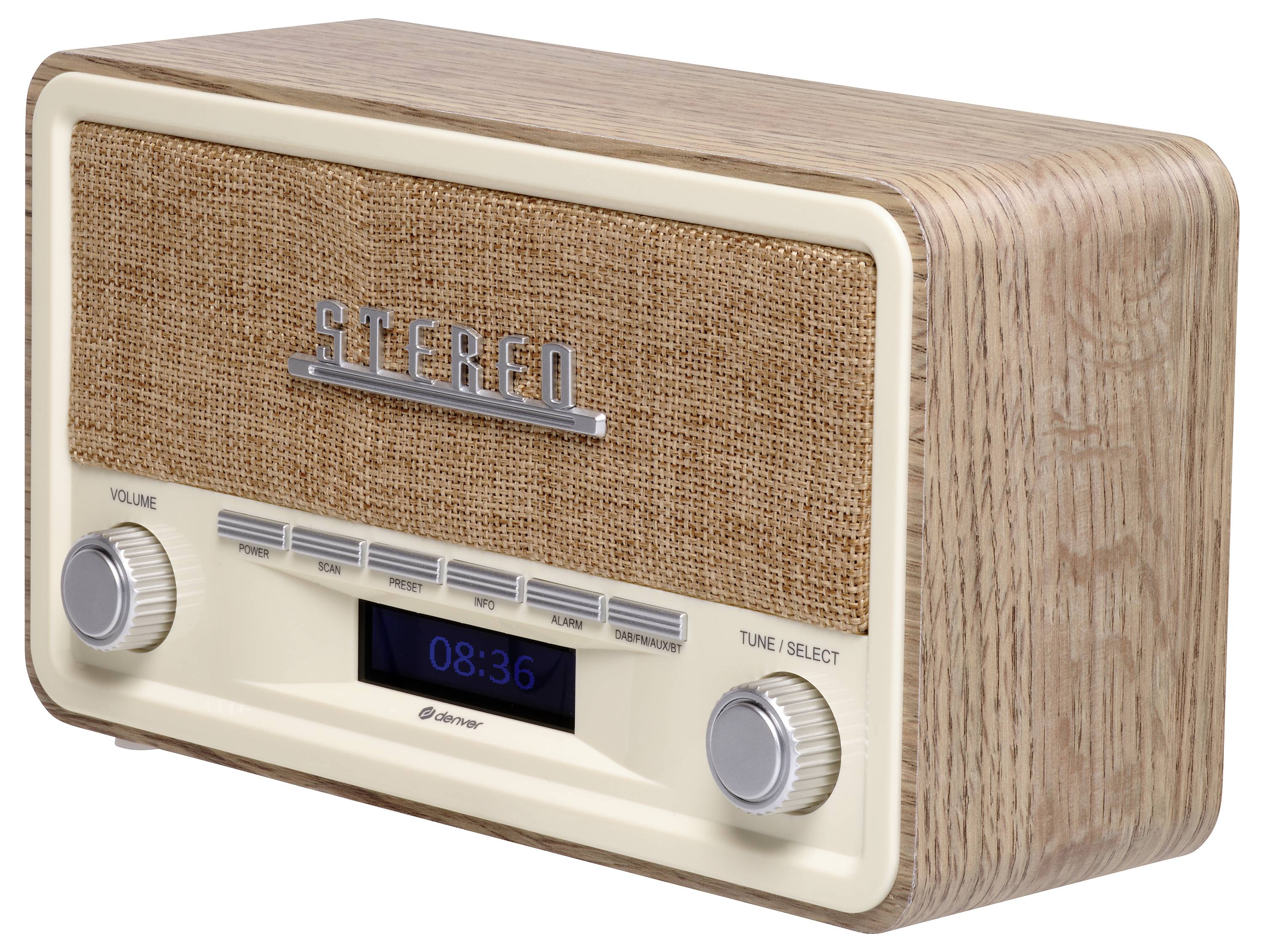 Retro rádio s dřevěným dekorem a látkovým předním panelem. Jsou viditelné ovládací knoflíky pro nastavení hlasitosti a stanic. Digitální displej ukazuje '08:36'.