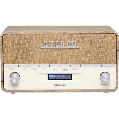 Retro rádio s dřevěným krytem a látkovou přední stranou. Na displeji je zobrazeno 'Déstyiländ Nord'. Otočné knoflíky pro ovládání hlasitosti a výběr stanice.