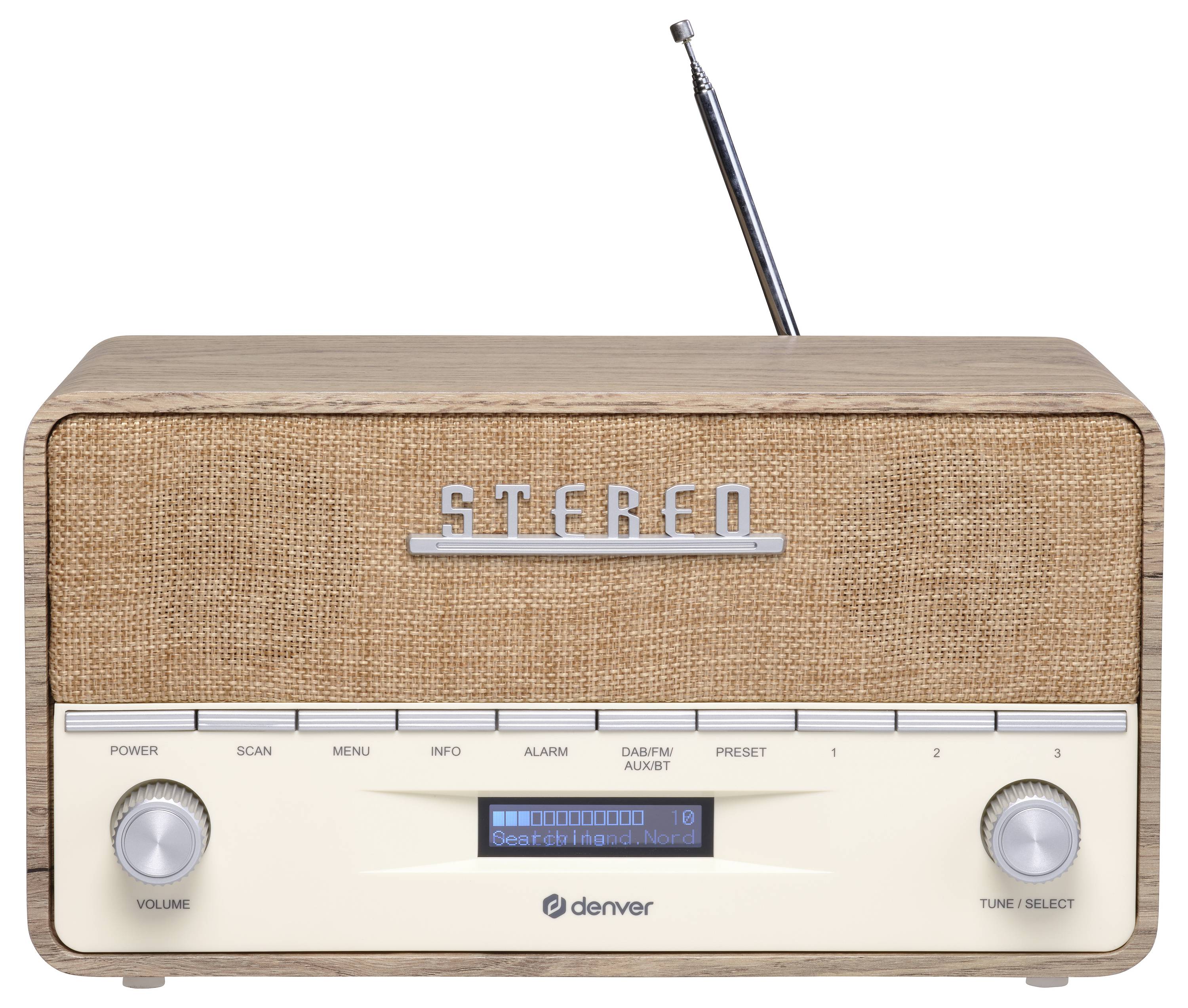 Staré retro rádio s dřevěným obložením a vysouvací anténou. Na přední straně jsou ovládací prvky a digitálně zobrazeno 'Searching Argentina Rock'.