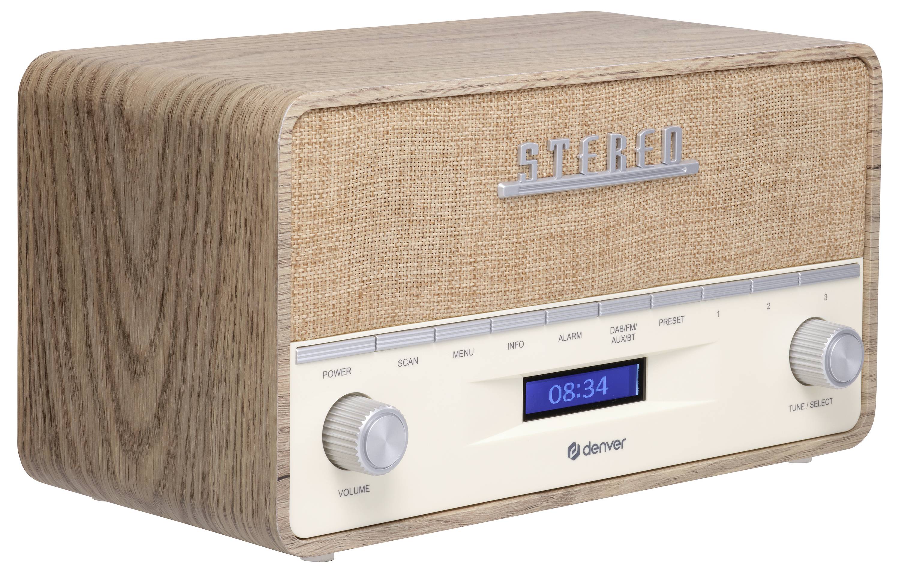 Dřevěné rádio v retro designu s nápisem 'STEREO' na přední straně. Dva otočné knoflíky pro ovládání hlasitosti a výběru stanice. Digitální displej ukazuje '08:34'.