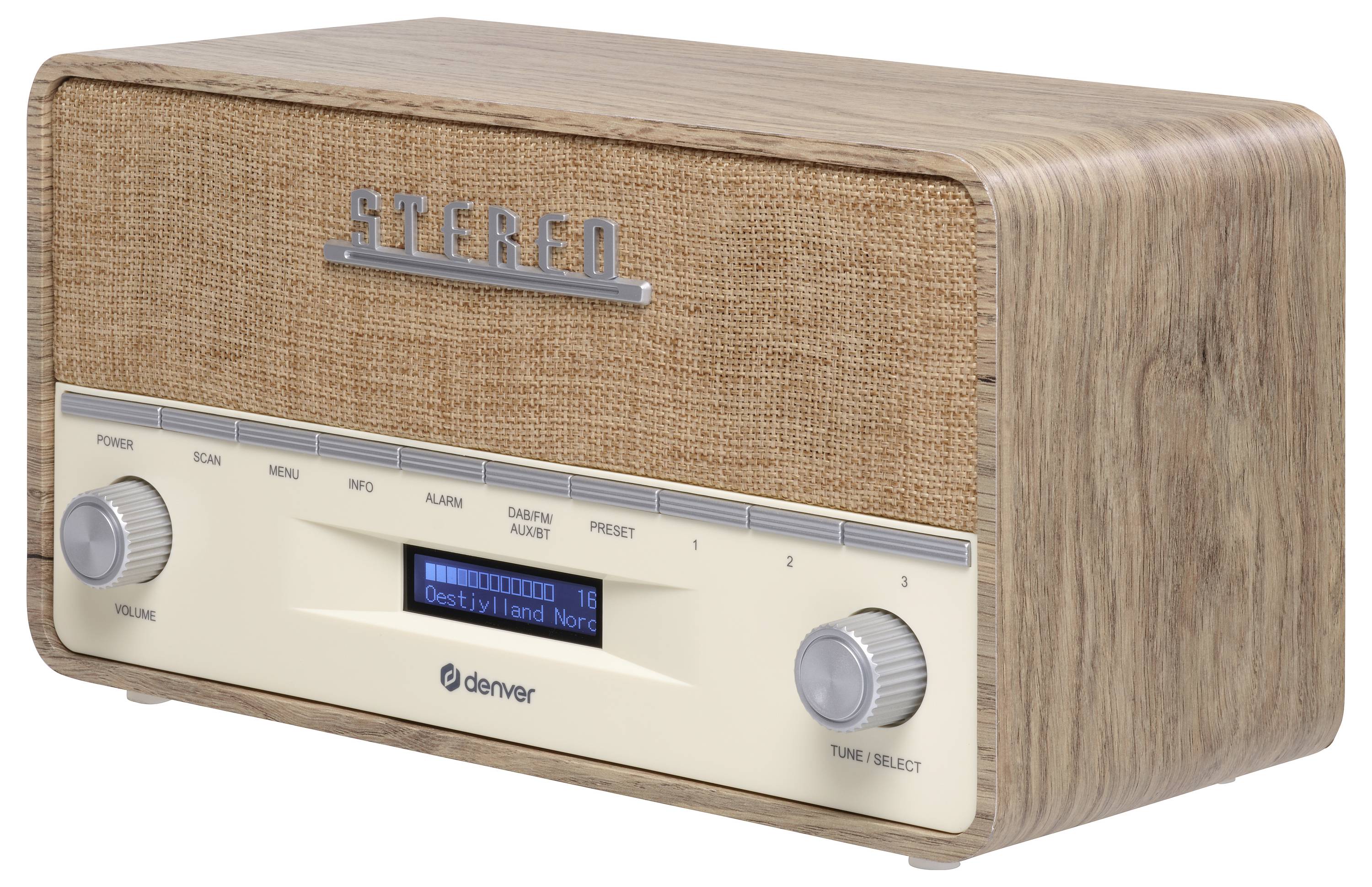 Retro rádio s dřevěným efektem, dvěma otočnými knoflíky, LED displejem a nápisem 'Stereo' na čelním panelu potaženém látkou.