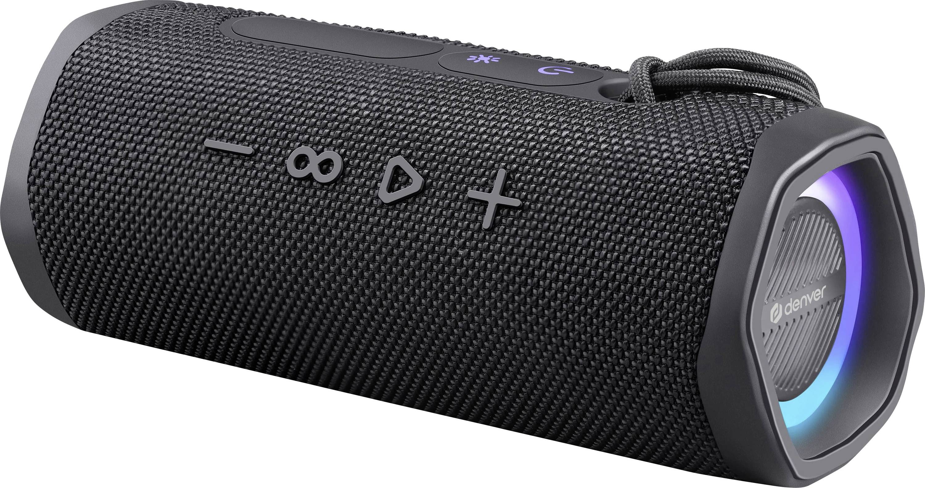 Přenosný bluetooth reproduktor v černé barvě s tlačítky pro ovládání hlasitosti a přehrávání. Po straně svítí LED kroužek.