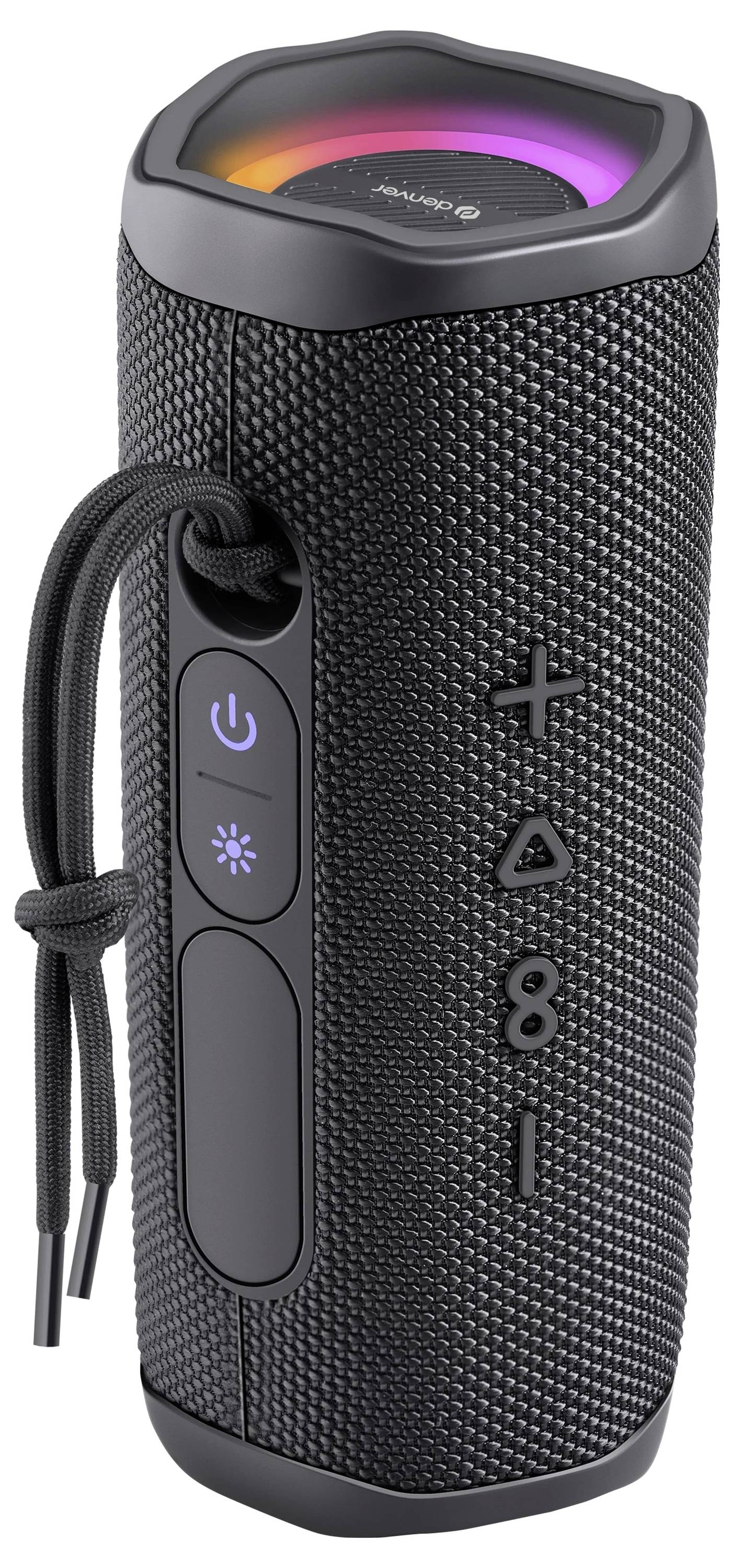 Přenosný Bluetooth reproduktor v černé barvě s osvětlenými LED světly na horní straně a tlačítky pro hlasitost a napájení po straně.