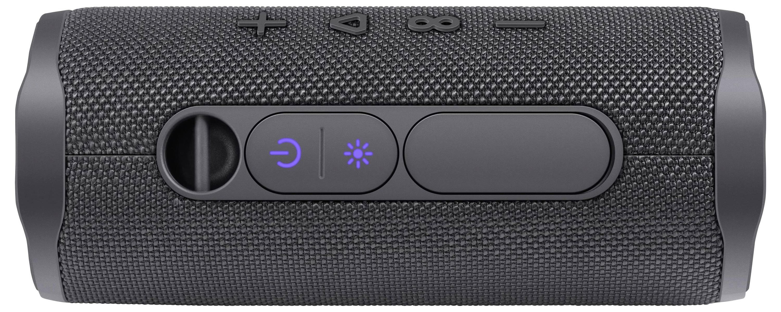 Přenosný válcový bluetooth reproduktor v černé barvě s výrazně viditelnými ovládacími prvky, včetně ovladače hlasitosti a vypínače.