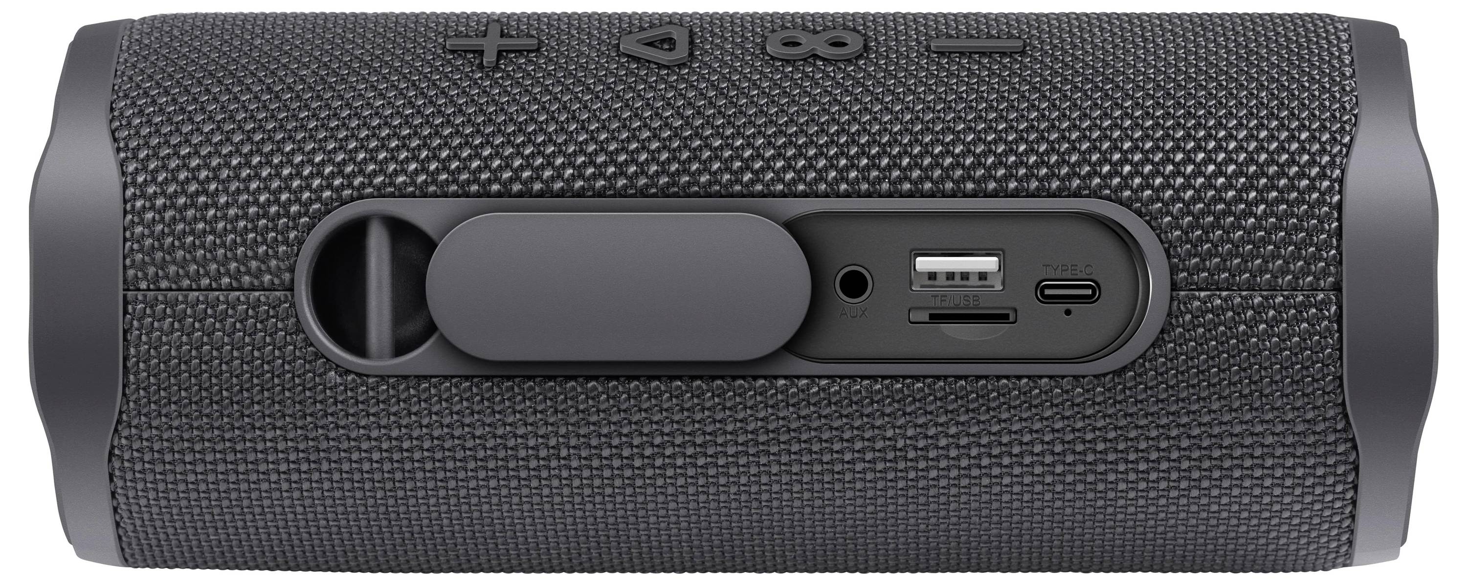 Přenosný reproduktor s pryžovým tělem, viditelnými tlačítky pro hlasitost a přehrávání, stejně jako USB a AUX vstupy.