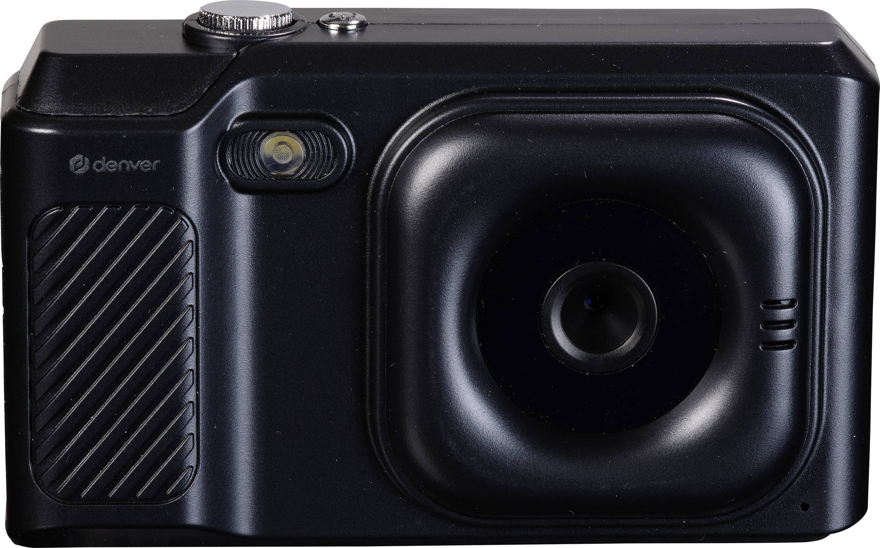 Černý digitální fotoaparát s objektivem a bleskem na přední straně, kompaktní design.