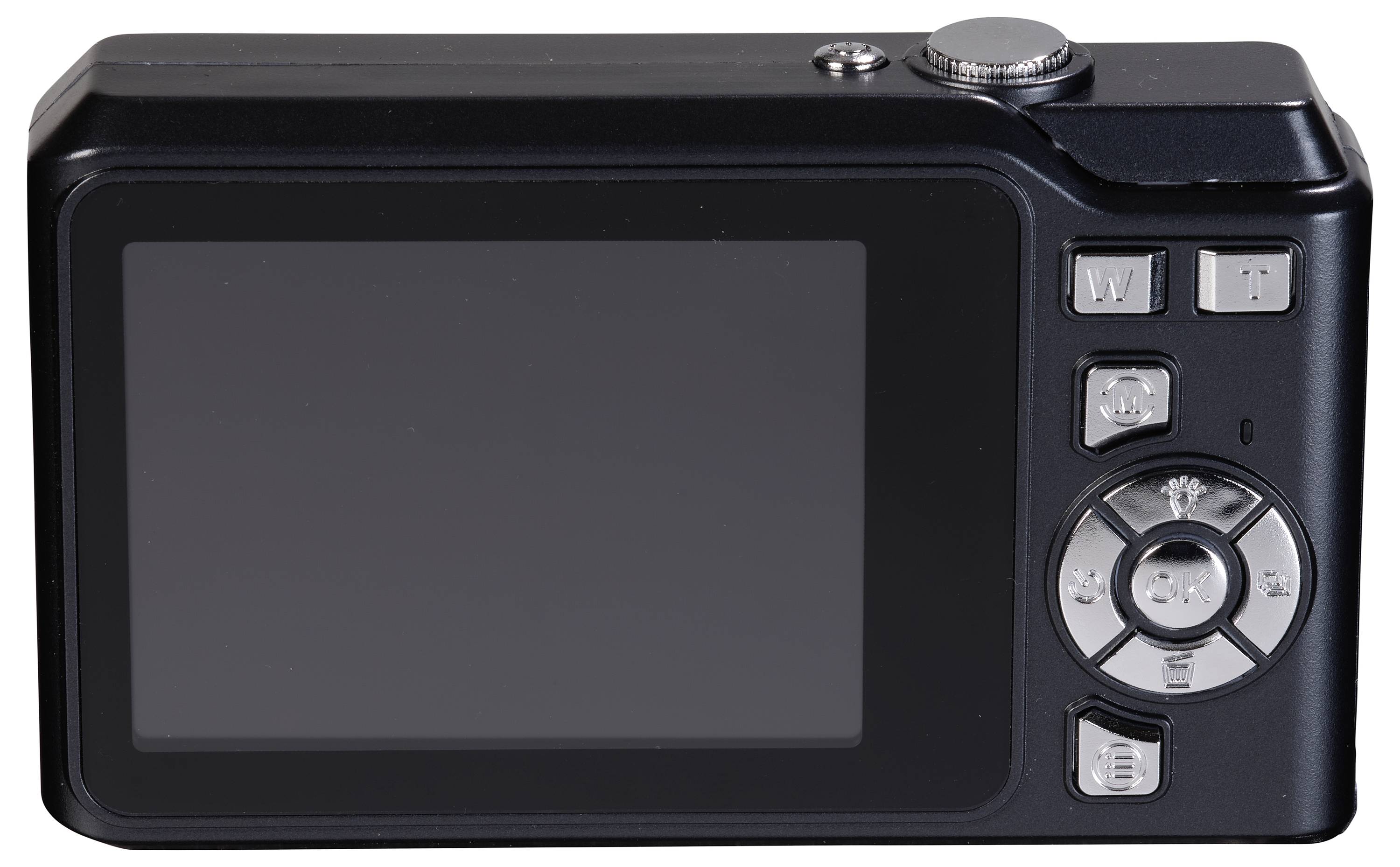 Zadní strana digitálního fotoaparátu s LCD displejem a ovládacími tlačítky, včetně tlačítek pro zoom a navigaci.