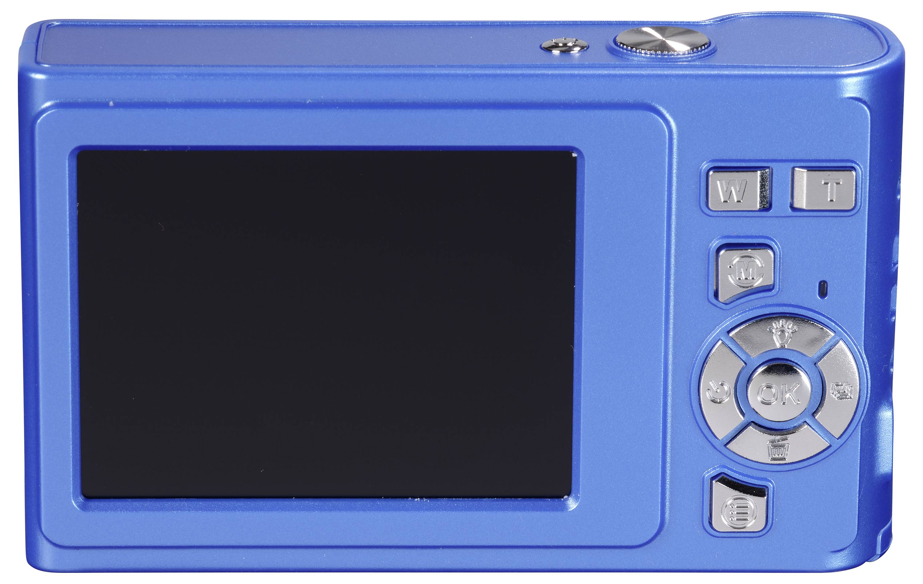 Modrý digitální fotoaparát pohledem zezadu, s LCD displejem a několika ovládacími tlačítky pro zoom a menu na pravé straně.