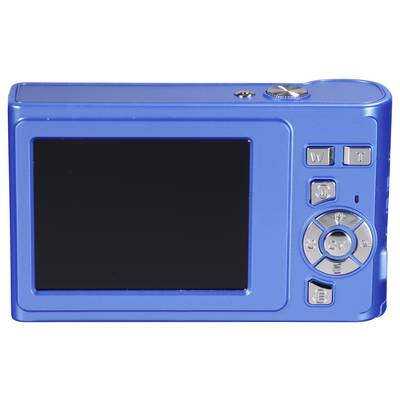 Modrý digitální fotoaparát pohledem zezadu, s LCD displejem a několika ovládacími tlačítky pro zoom a menu na pravé straně.