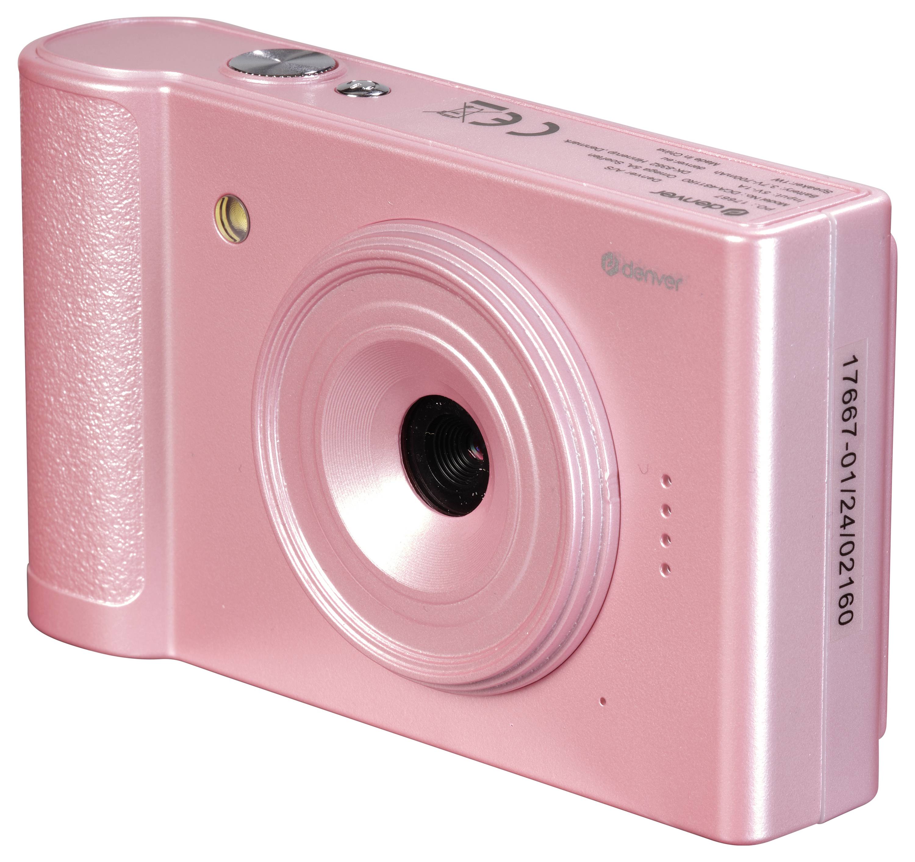 Růžový digitální fotoaparát sfotografovaný z boku, s objektivu podobným zařízením a několika tlačítky.