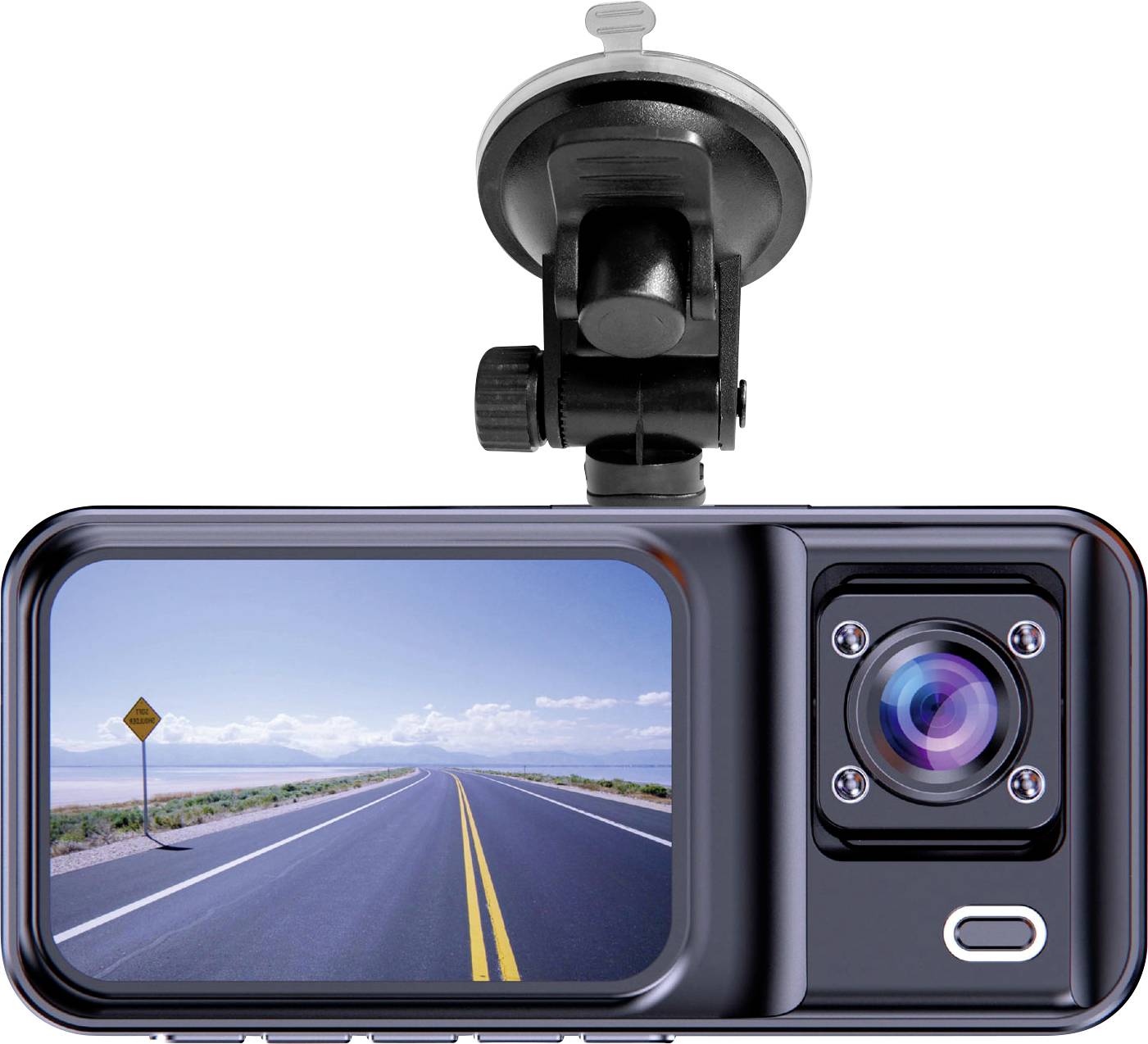 Palubní kamera s držákem ukazuje dvouproudou silnici vedoucí do dálky. Na levé straně je viditelná dopravní značka.