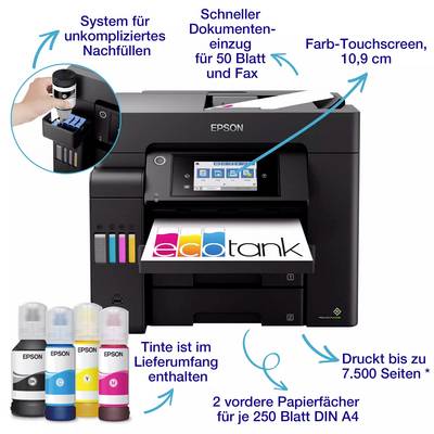 Multifunkční tiskárna Epson s barevným dotykovým displejem, rychlým podavačem dokumentů a tiskovou kapacitou až 7 500 stran. Obsahuje inkoustové lahve pro snadné doplňování.