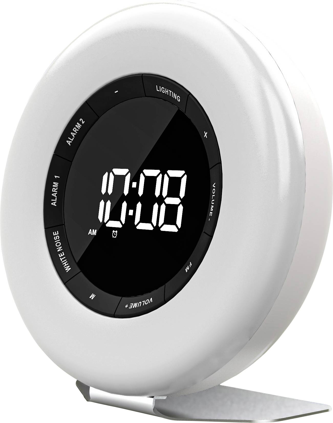 Digitální budík s displejem, ukazuje 10:08. Vybaven funkcemi pro alarm, světlo a bílý šum. Kulatý tvar na stojánku.