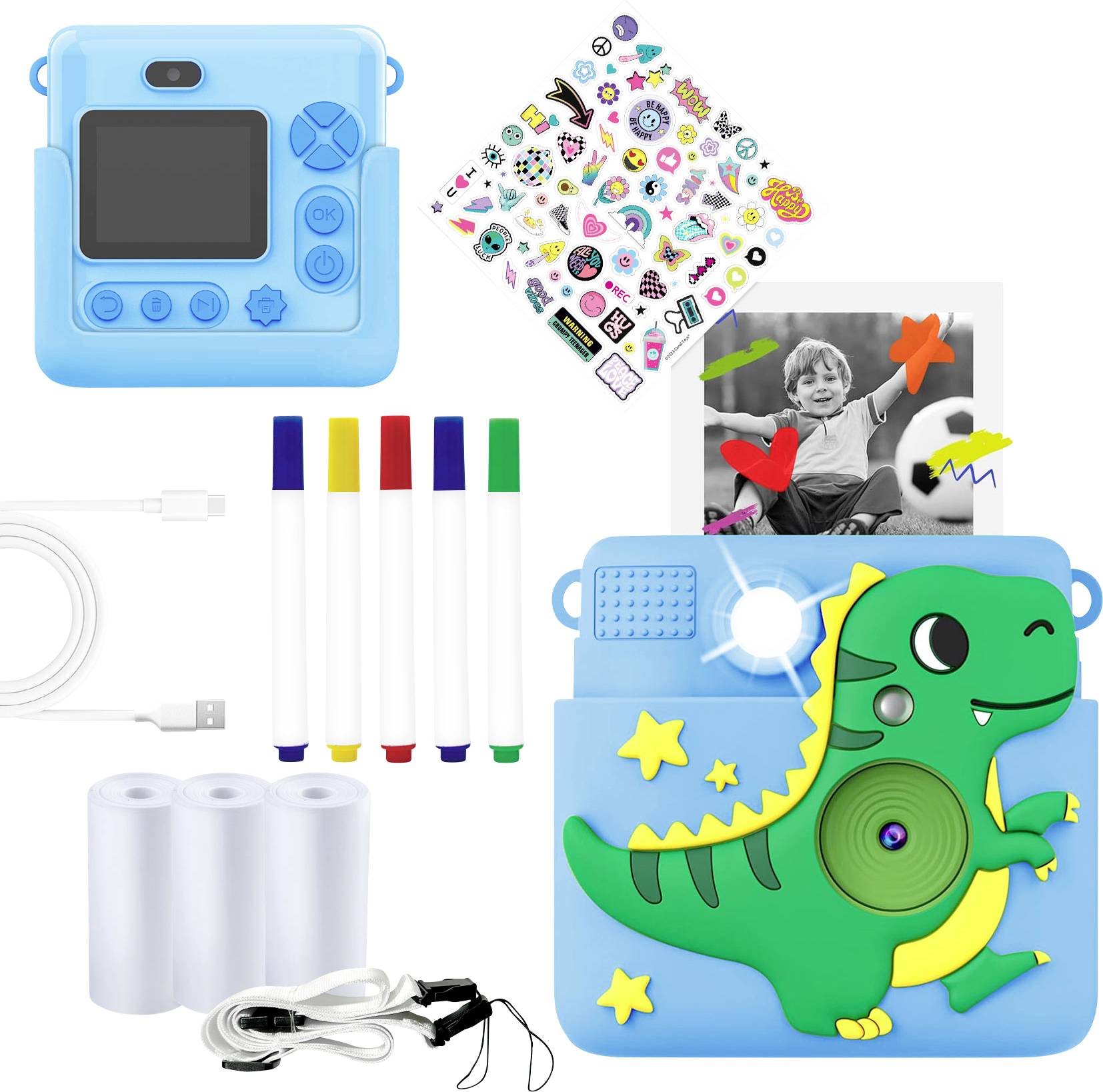 Dětský fotoaparát s krytem ve stylu dinosaura, fotografickým papírem, USB kabelem, barevnými fixkami, ramenním popruhem a dekorativními samolepkami pro personalizaci.