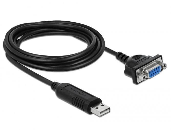 USB-sériový adaptérový kabel s USB konektorem na jedné straně a 9-kolíkovým RS-232 konektorem na straně druhé.