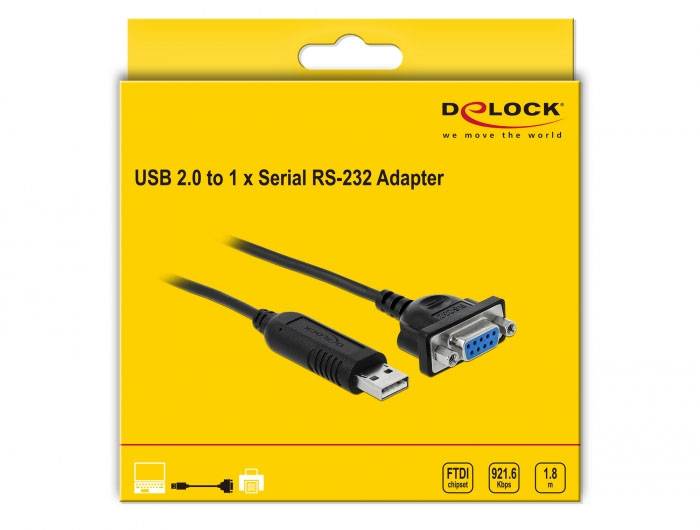 Obal produktu Delock USB 2.0 na 1x Serial RS-232 adaptér. Žlutý, s USB konektorem vlevo a RS-232 portem vpravo.