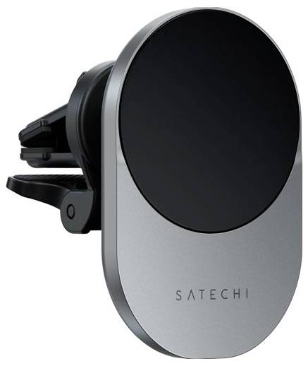 Stříbrný držák na smartphone do auta s černým povrchem a značkou 'SATECHI'. Upevnění do ventilační mřížky.