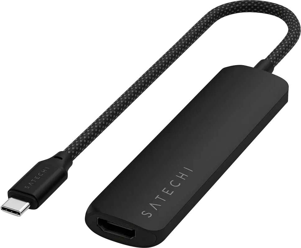 Černý USB-C na HDMI adaptér od Satechi s opletným kabelem. Ideální pro připojení zařízení s HDMI porty.