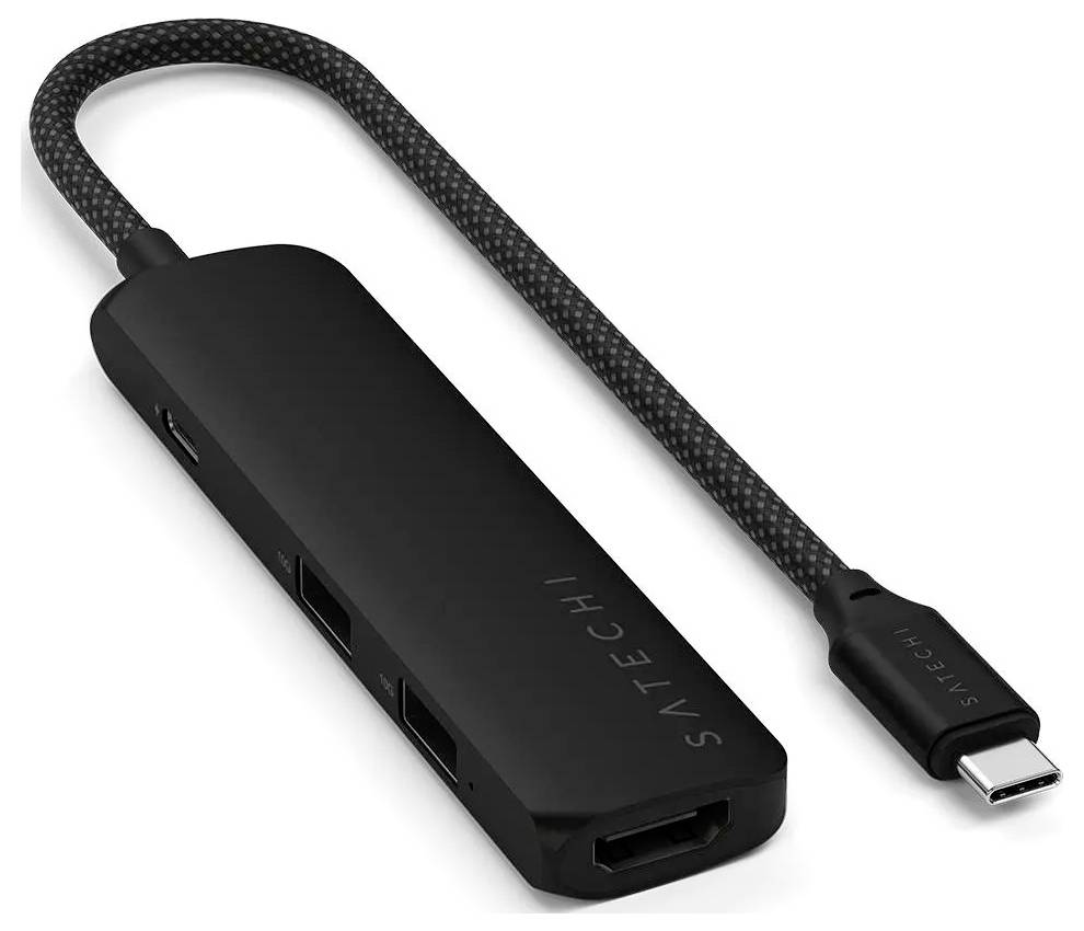 Černý USB-C hub s několika porty, včetně HDMI a USB, propojuje zařízení s notebooky nebo tablety pro rozšířené připojení.