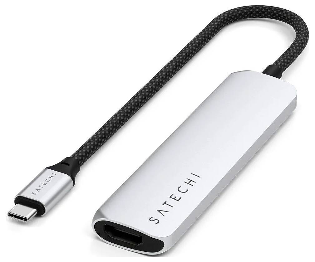Stříbrný USB-C adaptér od Satechi s černým kabelem, vhodný pro připojení HDMI zařízení.